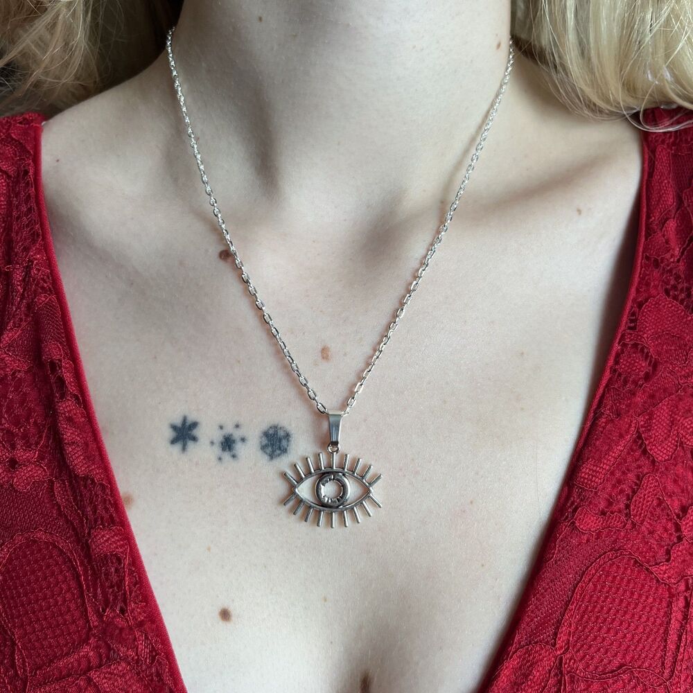 Silver Large Evil Eye Necklace 18 Inches Bohemian Whimsigoth Feminine Y2K